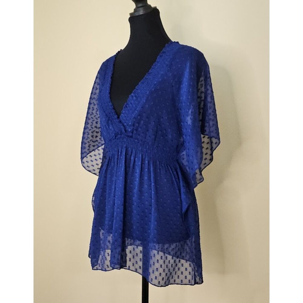 Kylee Top Women Royal Blue Sheer Swiss Dot V-Neck Smocked Waist Blouse, Size M